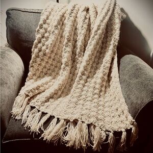 Handmade Crochet Blanket Throw in Creamy Linen 60x60